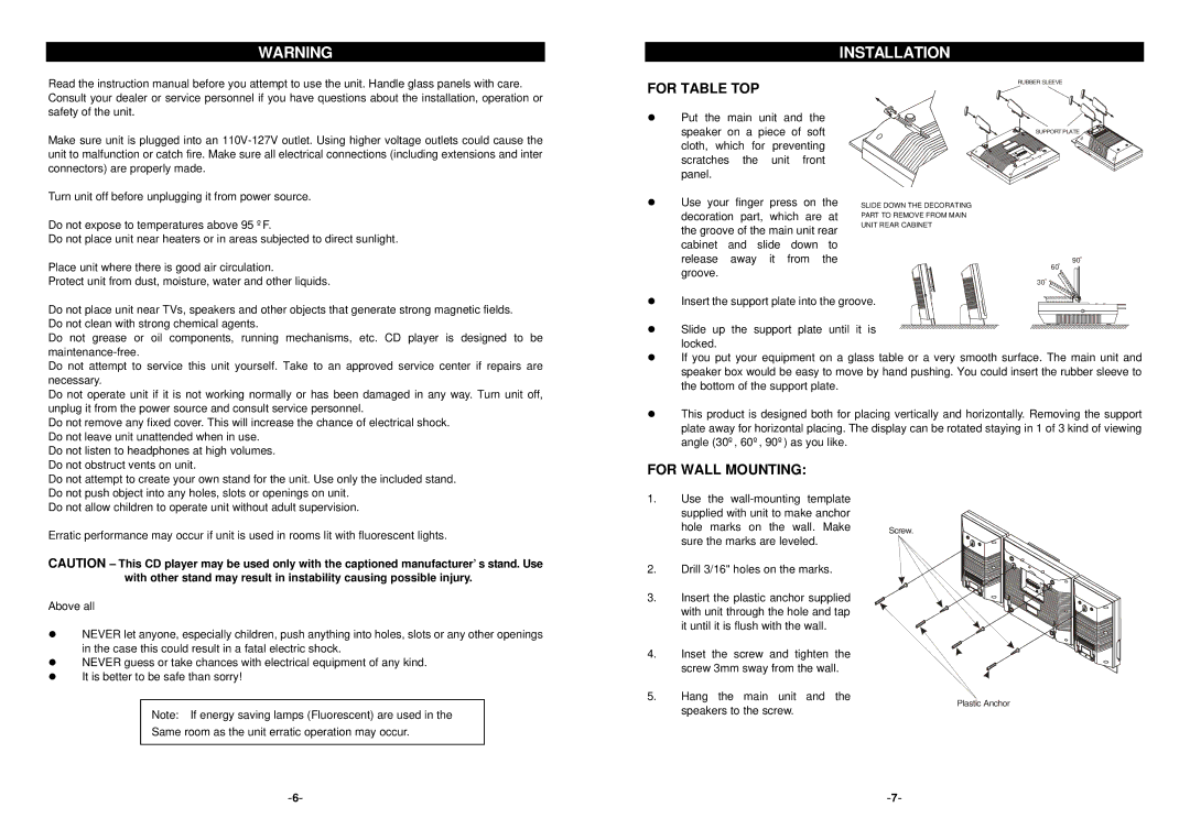 Curtis RCD641 owner manual Installation, For Table TOP 