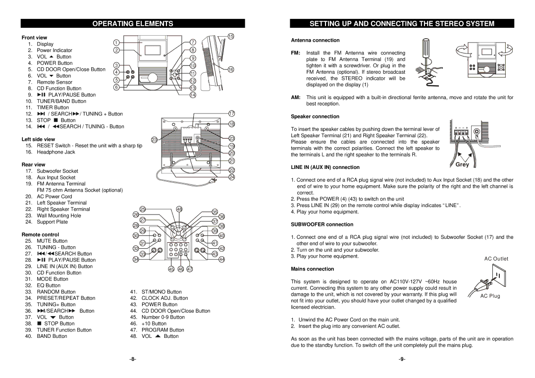 Curtis RCD641 owner manual Operating Elements, Setting UP and Connecting the Stereo System, Stop, Vol 