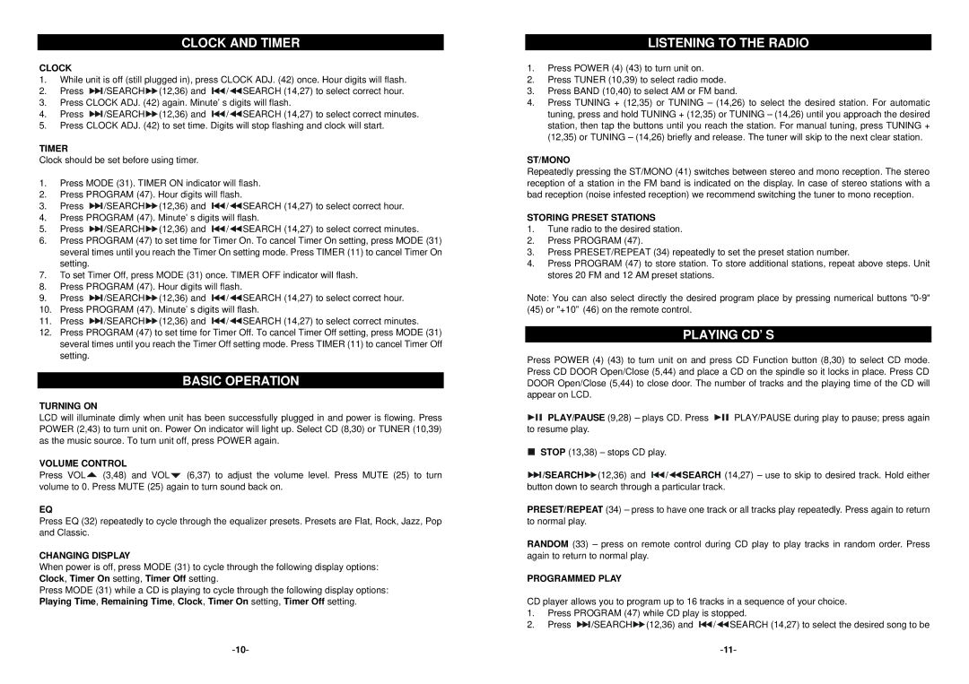 Curtis RCD641 owner manual Clock and Timer, Basic Operation, Listening to the Radio, Playing CD’S 