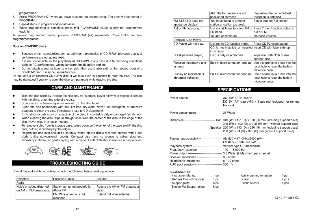 Curtis RCD641 owner manual Care and Maintenance, Troubleshooting Guide, Specifications, Program, Accessories 