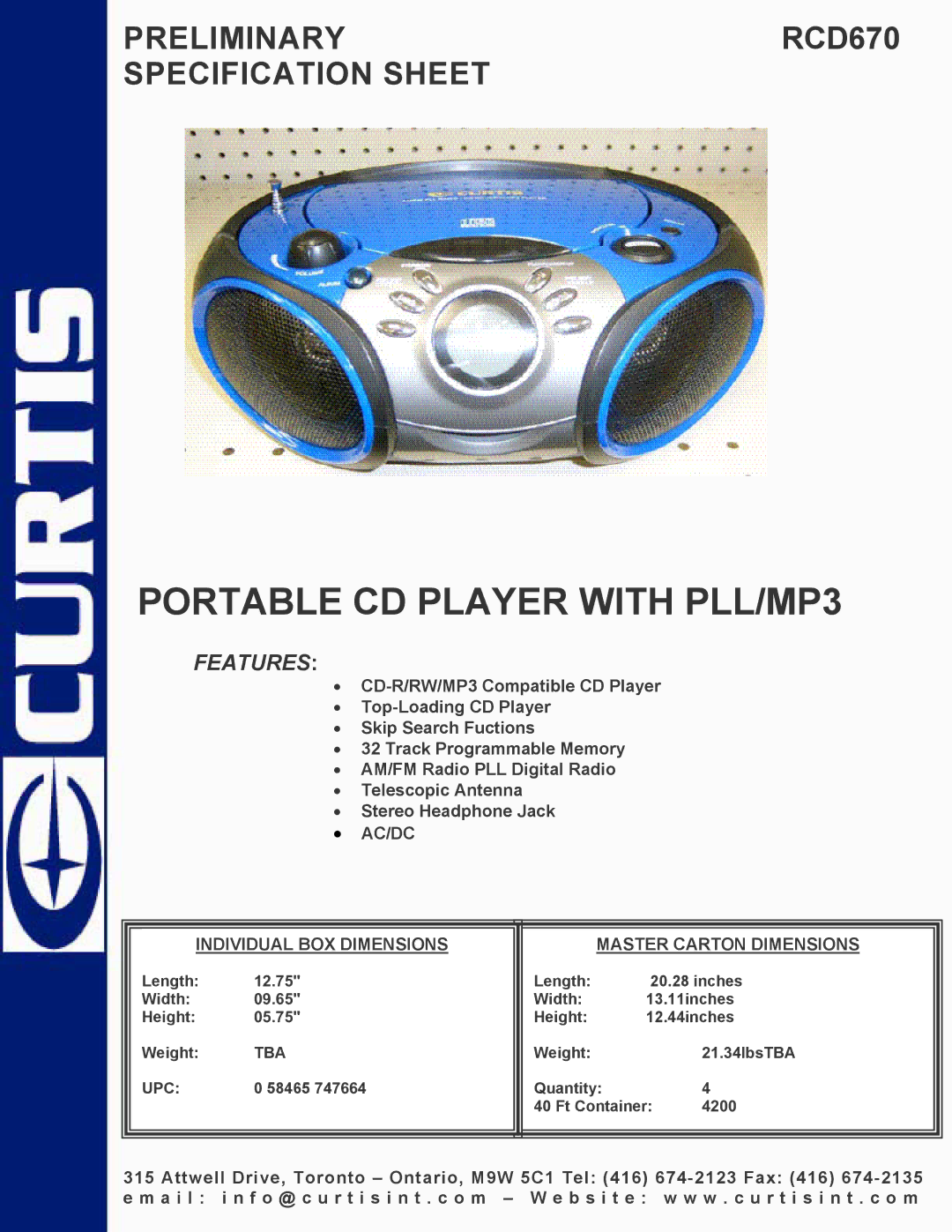 Curtis RCD670 specifications Portable CD Player with PLL/MP3, Features 