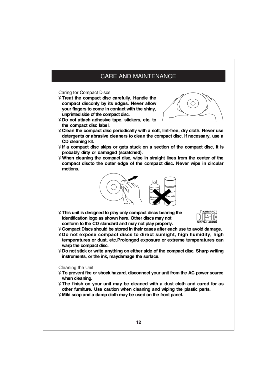 Curtis RCD672 owner manual Care and Maintenance, Caring for Compact Discs, Cleaning the Unit 