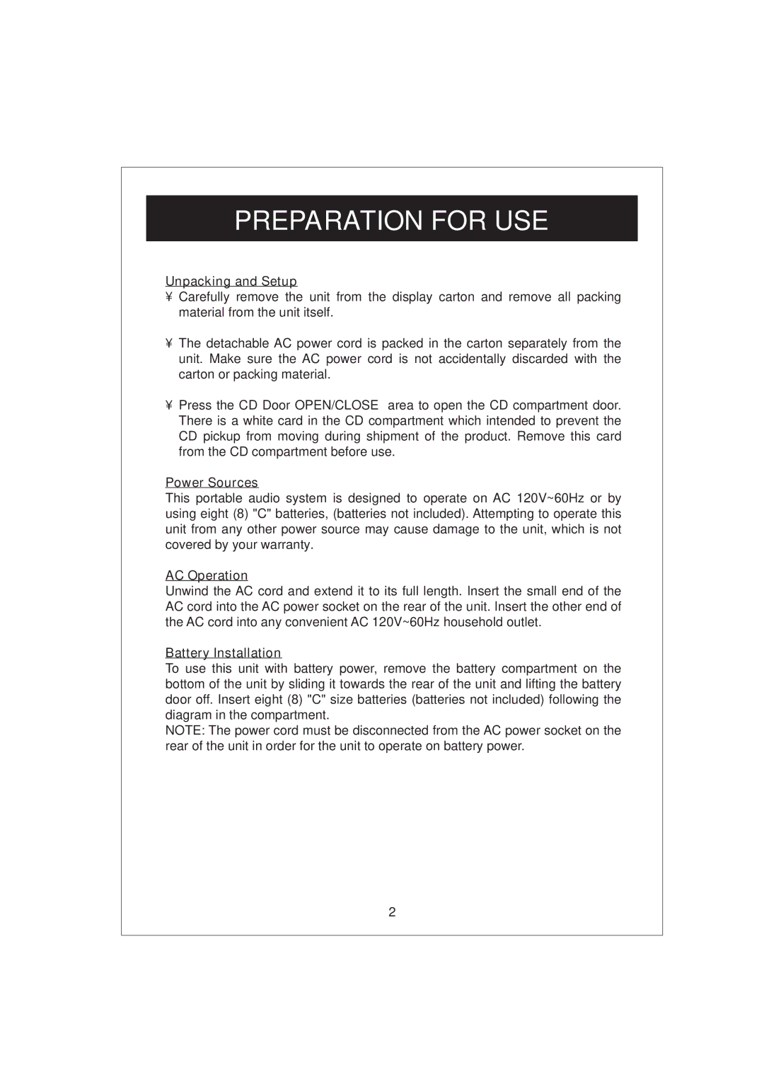 Curtis RCD672 owner manual Unpacking and Setup, Power Sources, AC Operation, Battery Installation 