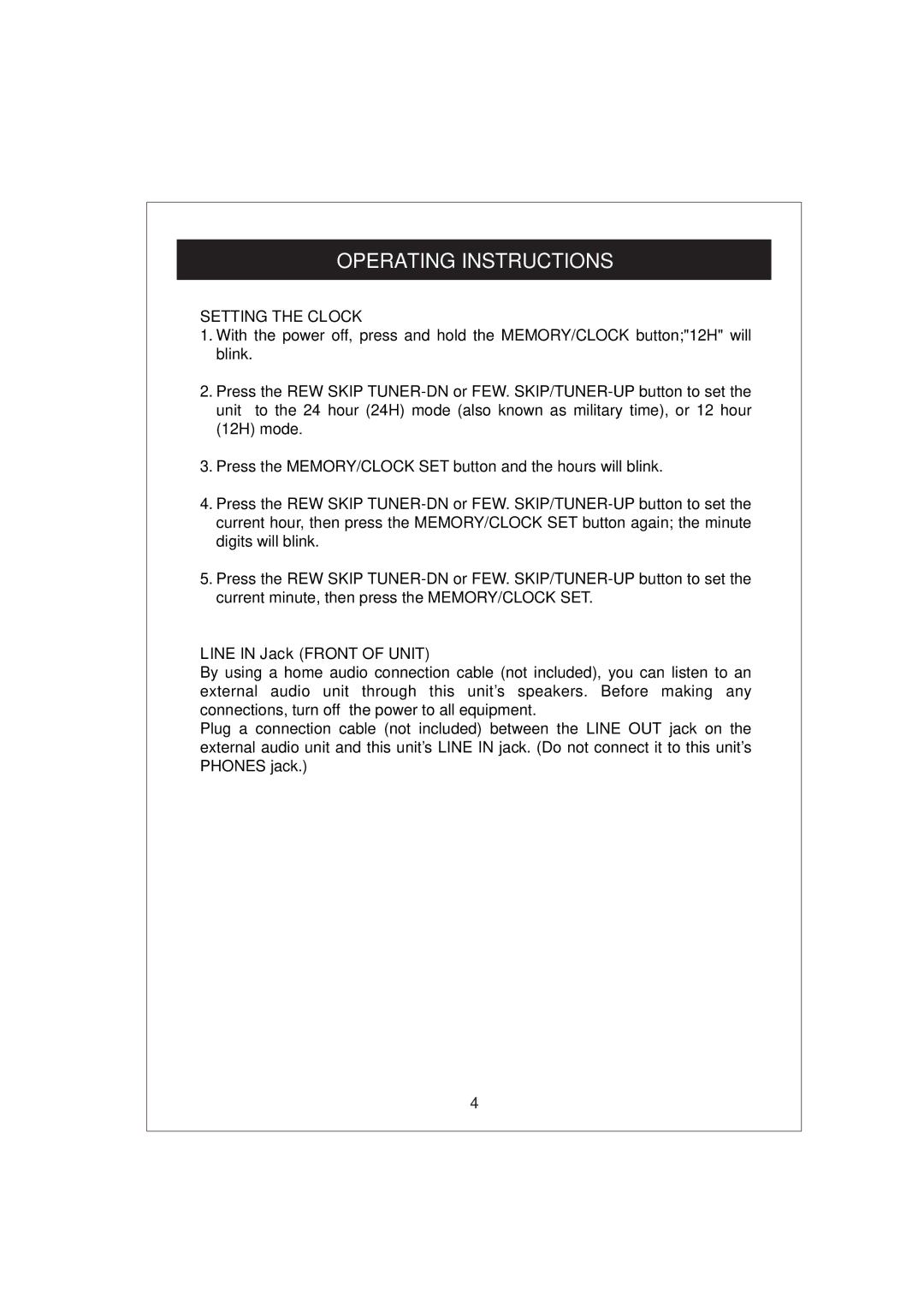 Curtis RCD672 owner manual Operating Instructions, Setting the Clock, Line in Jack Front of Unit 