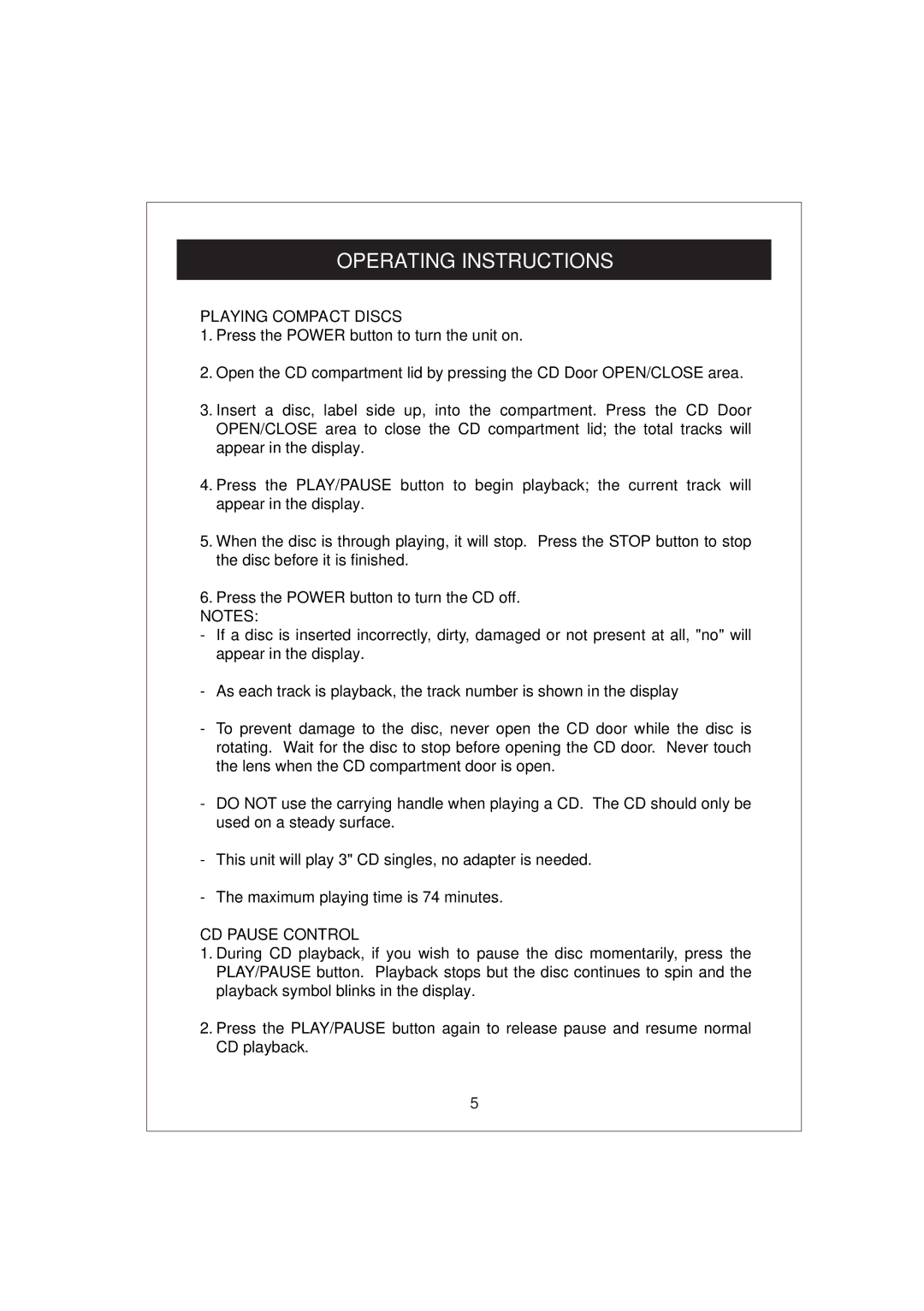 Curtis RCD672 owner manual Playing Compact Discs, CD Pause Control 