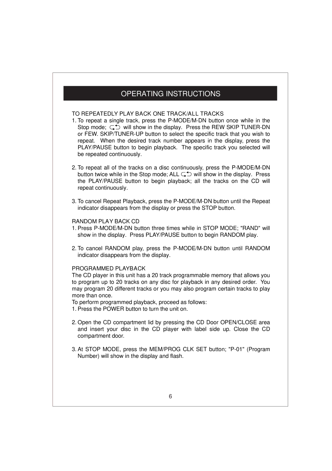 Curtis RCD672 owner manual To Repeatedly Play Back ONE TRACK/ALL Tracks, Random Play Back CD, Programmed Playback 