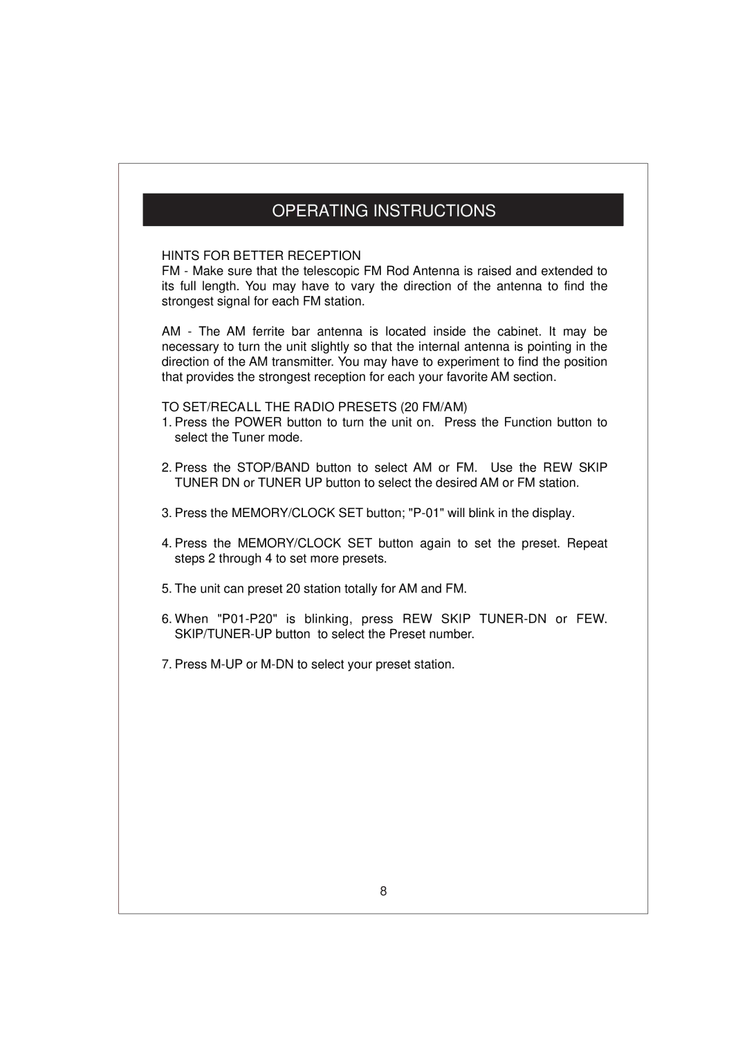 Curtis RCD672 owner manual Hints for Better Reception, To SET/RECALL the Radio Presets 20 FM/AM 