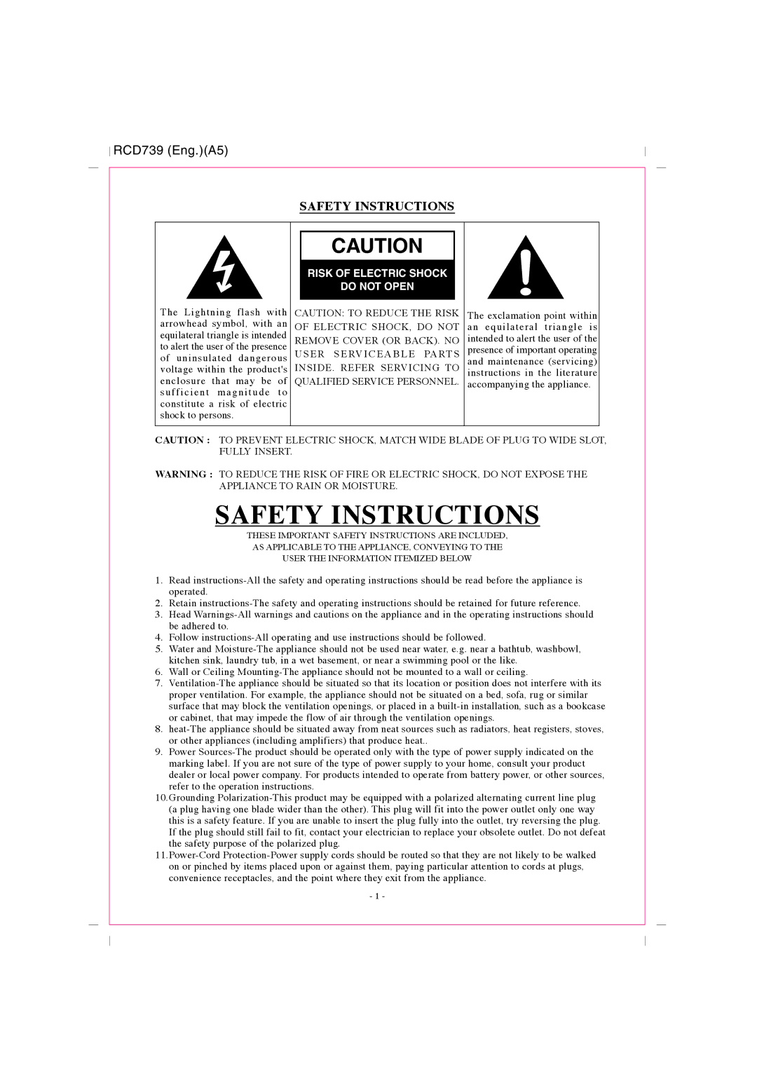 Curtis RCD739UK instruction manual Safety Instructions, Risk of Electric Shock Do not Open 