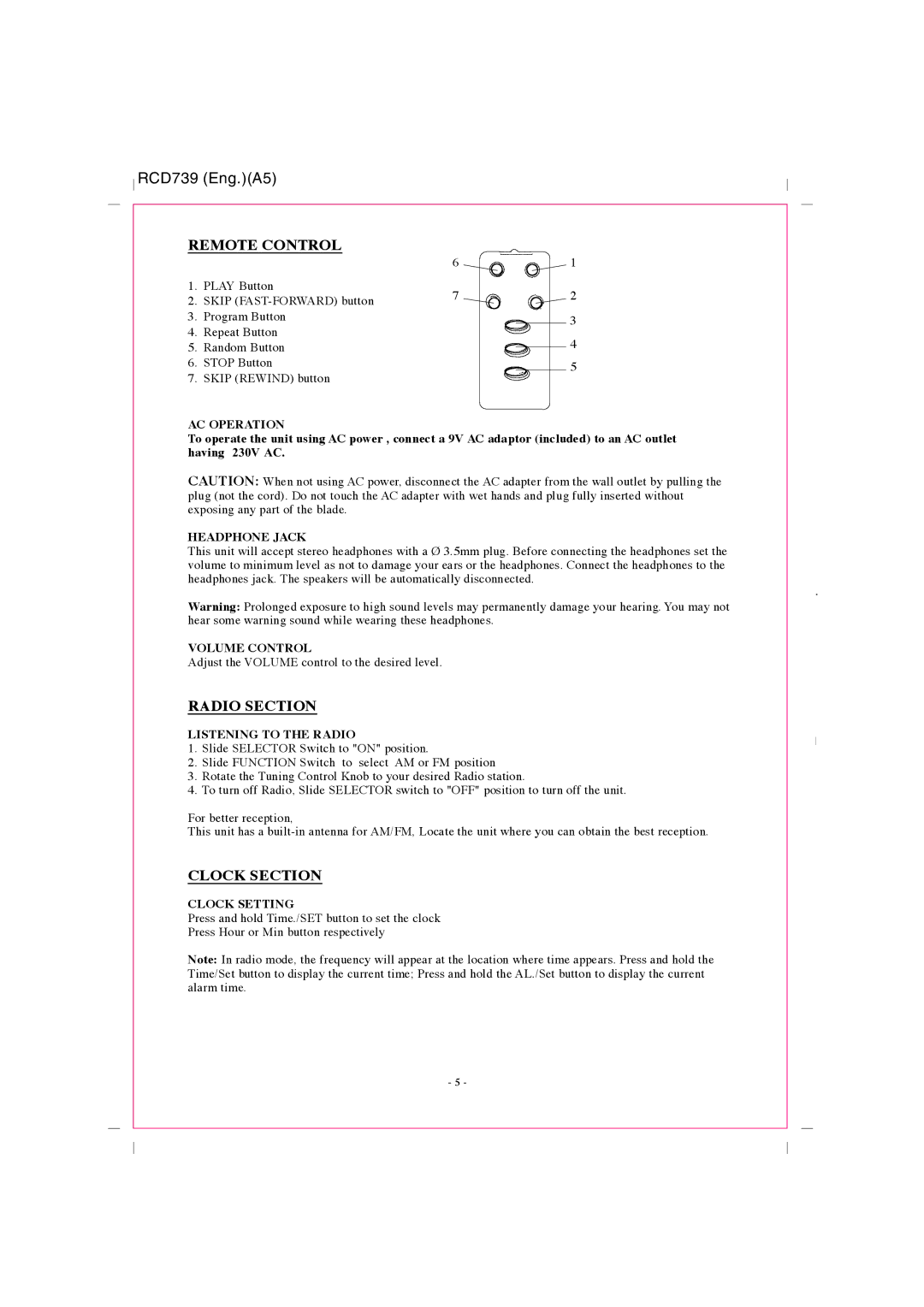 Curtis RCD739UK instruction manual Remote Control, Radio Section, Clock Section 