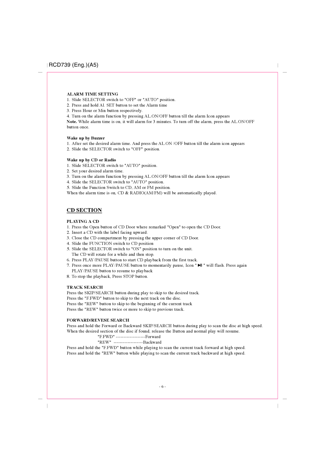 Curtis RCD739UK instruction manual CD Section, Alarm Time Setting, Playing a CD, Track Search, FORWARD/REVESE Search 