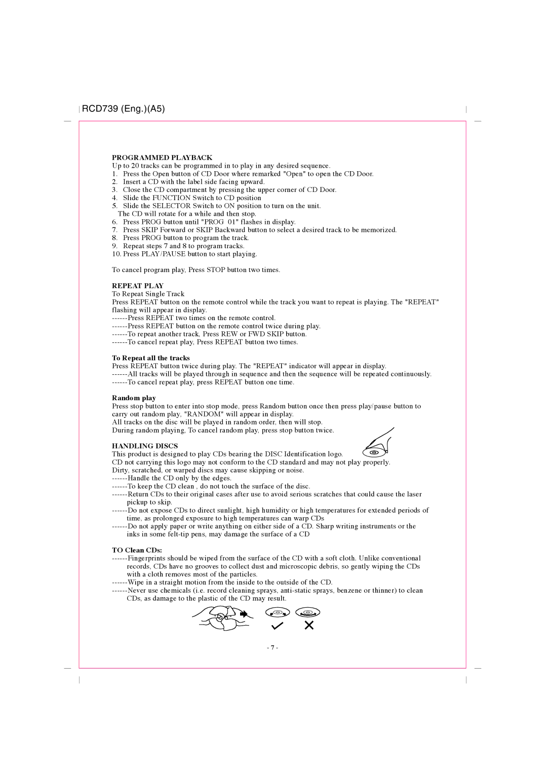 Curtis RCD739UK instruction manual Programmed Playback, Repeat Play, To Repeat all the tracks, Random play, To Clean CDs 