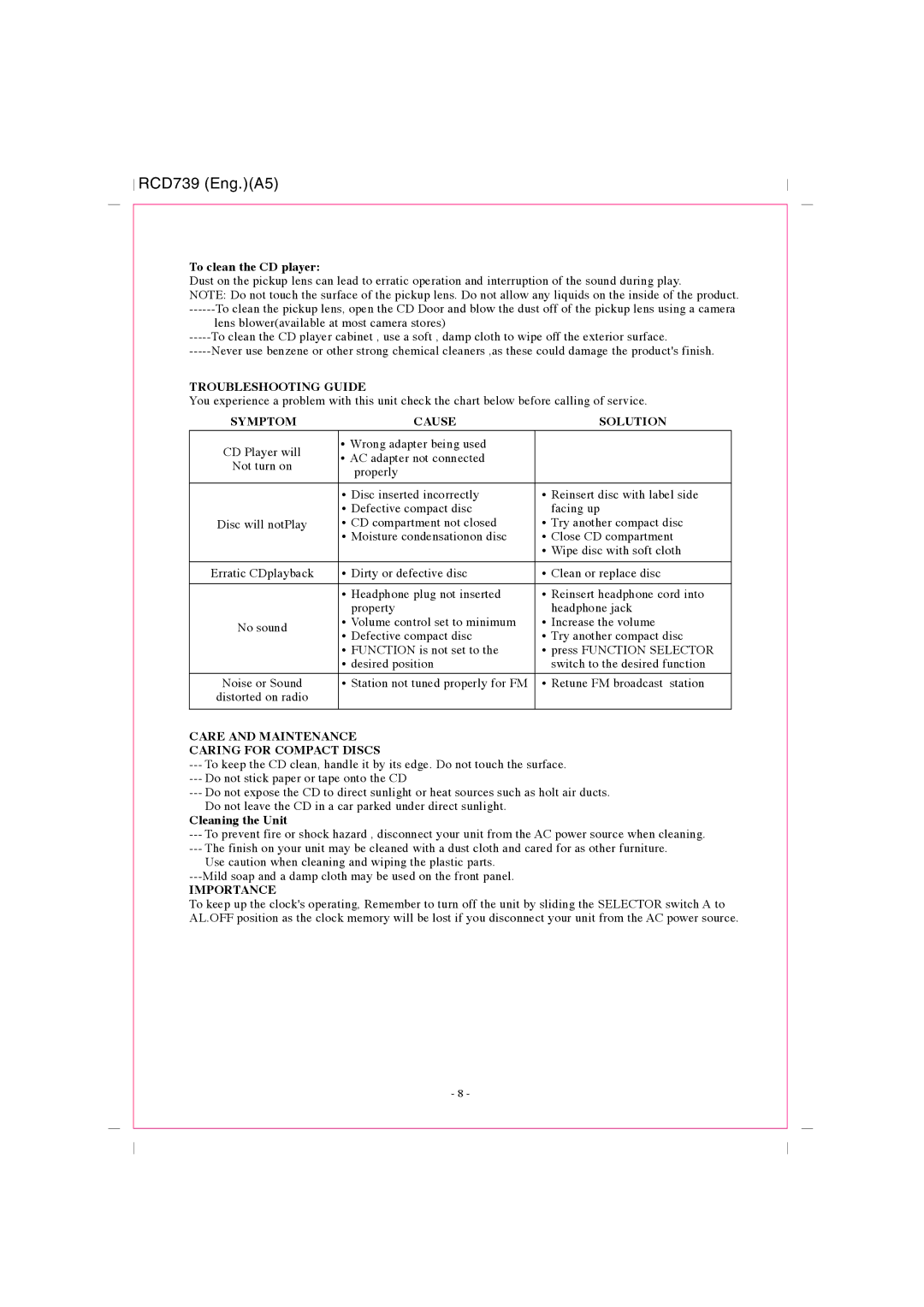 Curtis RCD739UK Troubleshooting Guide, Cause Solution, Care and Maintenance Caring for Compact Discs, Importance 