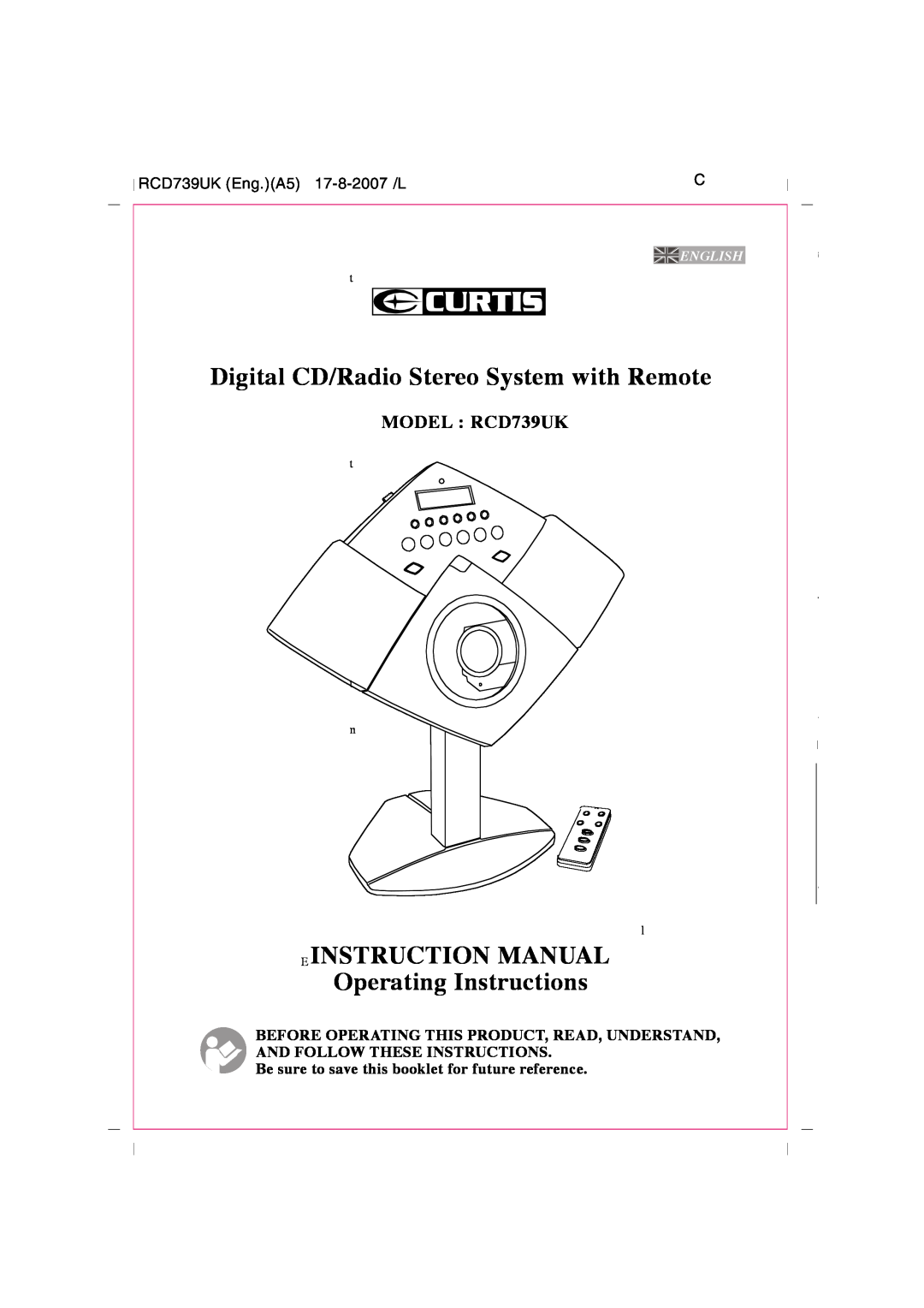 Curtis instruction manual RCD739UK Eng.A5 17-8-2007 /L, Be sure to save this booklet for future reference, English 