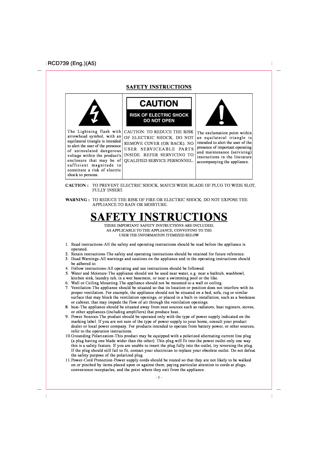 Curtis RCD739UK instruction manual RCD739 Eng.A5, Safety Instructions, Risk Of Electric Shock, Do Not Open 