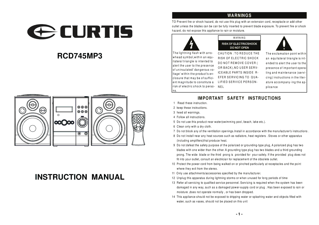 Curtis RCD745MP3 instruction manual 