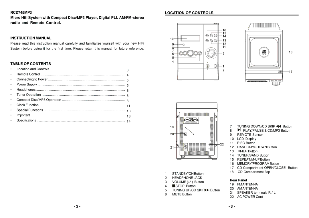 Curtis RCD745MP3 instruction manual Table of Contents, Location of Controls 