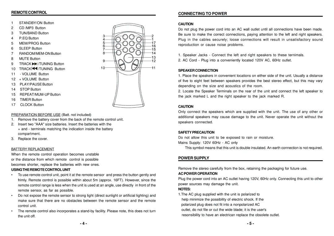 Curtis RCD745MP3 instruction manual Remotecontrol, Connecting to Power, Power Supply 