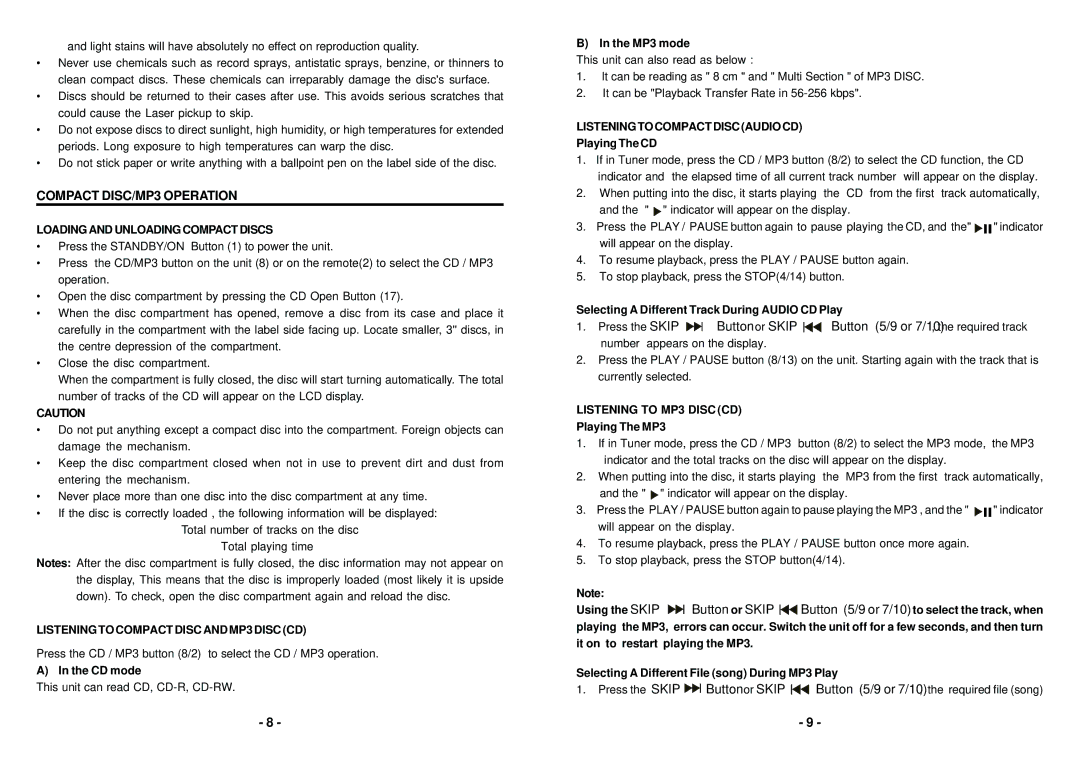 Curtis RCD745MP3 Compact DISC/MP3 Operation, Loading and Unloading Compact Discs, Listeningtocompactdiscaudiocd 
