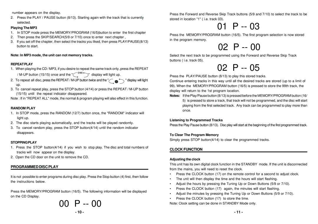 Curtis RCD745MP3 instruction manual Programmed Disc Play, Clock Function, Repeatplay, Random Play, Stoppingplay 