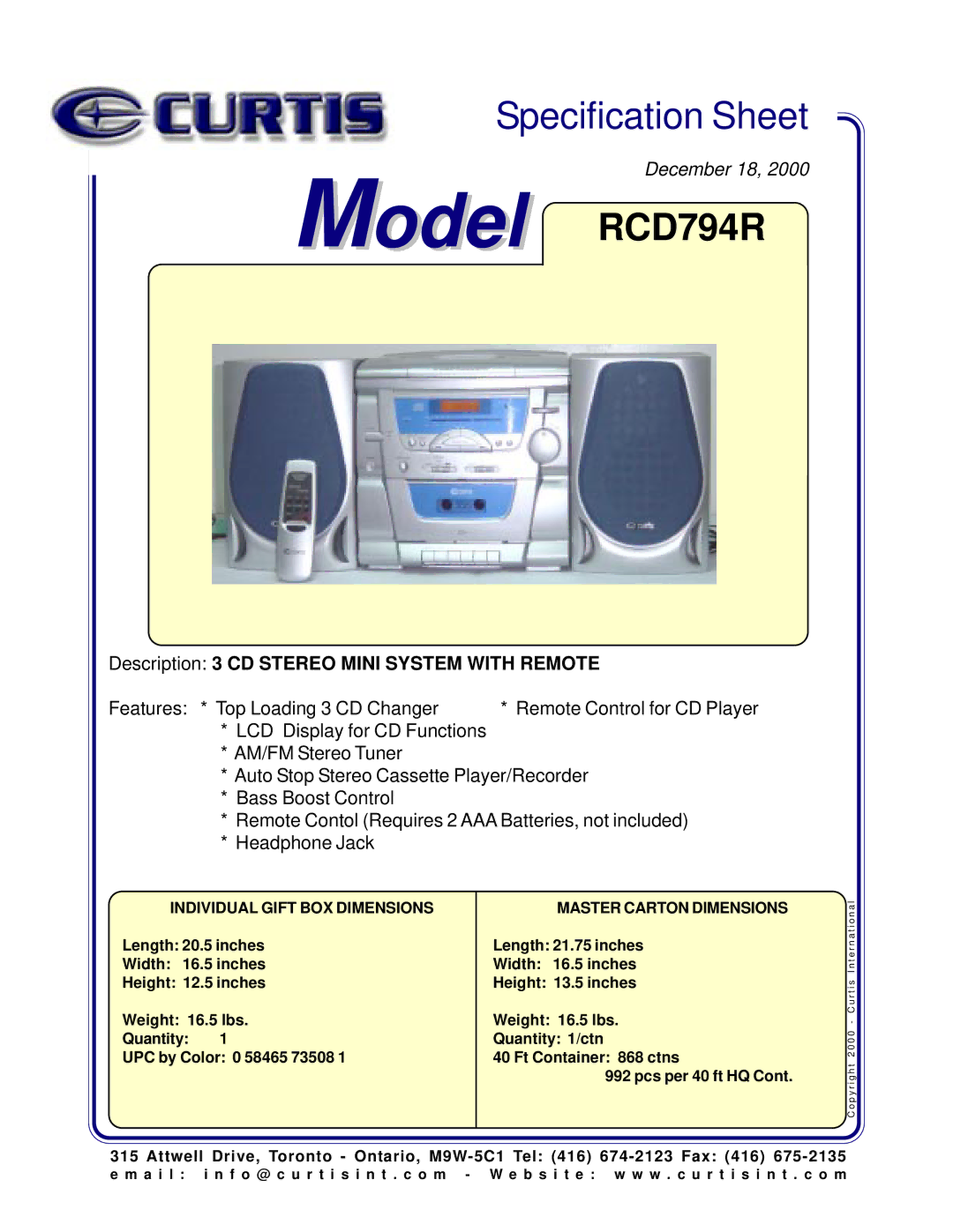 Curtis specifications Model RCD794R, Description 3 CD Stereo Mini System with Remote, Individual Gift BOX Dimensions 