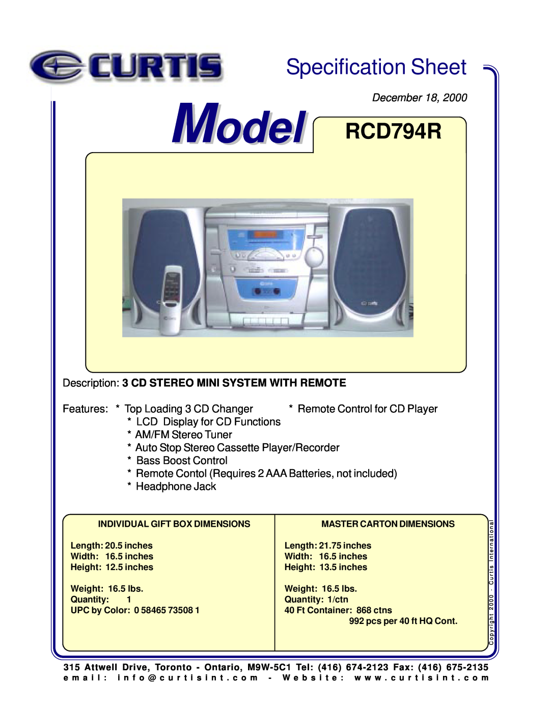 Curtis specifications Specification Sheet, Model RCD794R, December, Place Image Here, Remote Control for CD Player 