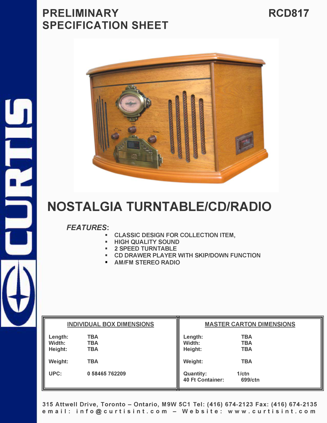Curtis specifications Nostalgia Turntable/Cd/Radio, PRELIMINARYRCD817 SPECIFICATION SHEET, Features 