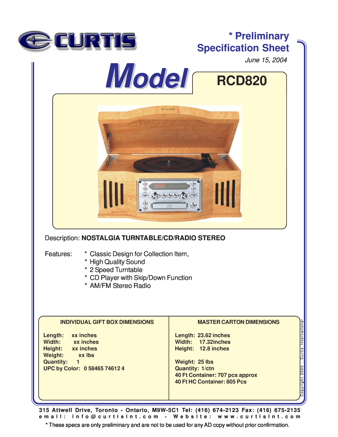 Curtis specifications Specification Sheet, Model RCD820, Preliminary, June, Features, High Quality Sound 