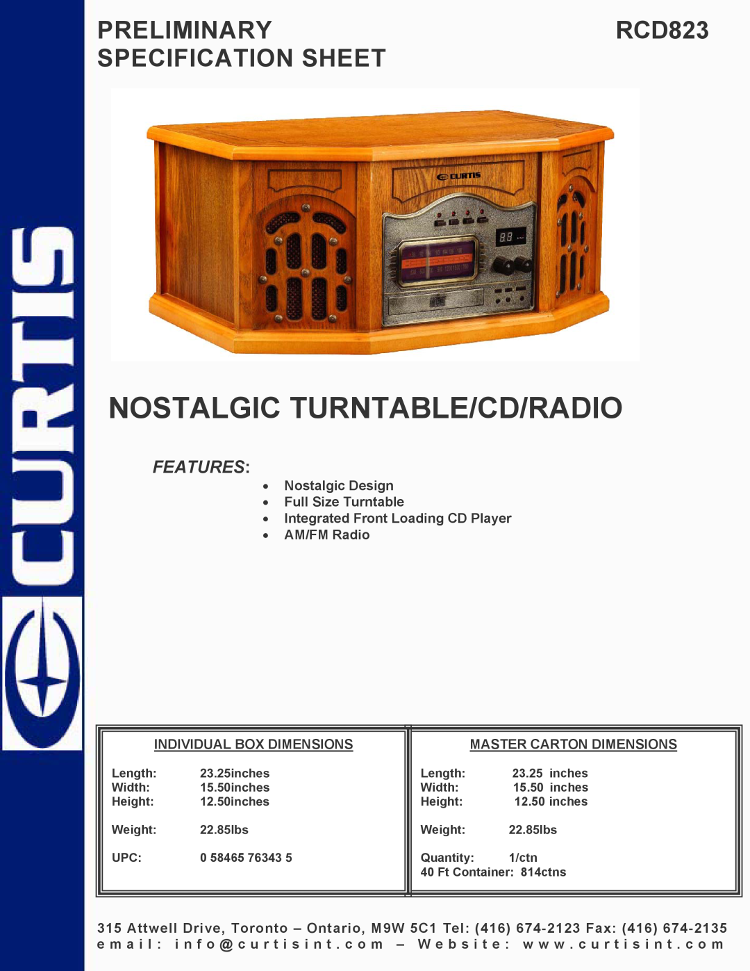 Curtis rcd823 specifications Nostalgic Turntable/Cd/Radio, PRELIMINARYRCD823 SPECIFICATION SHEET, Features 