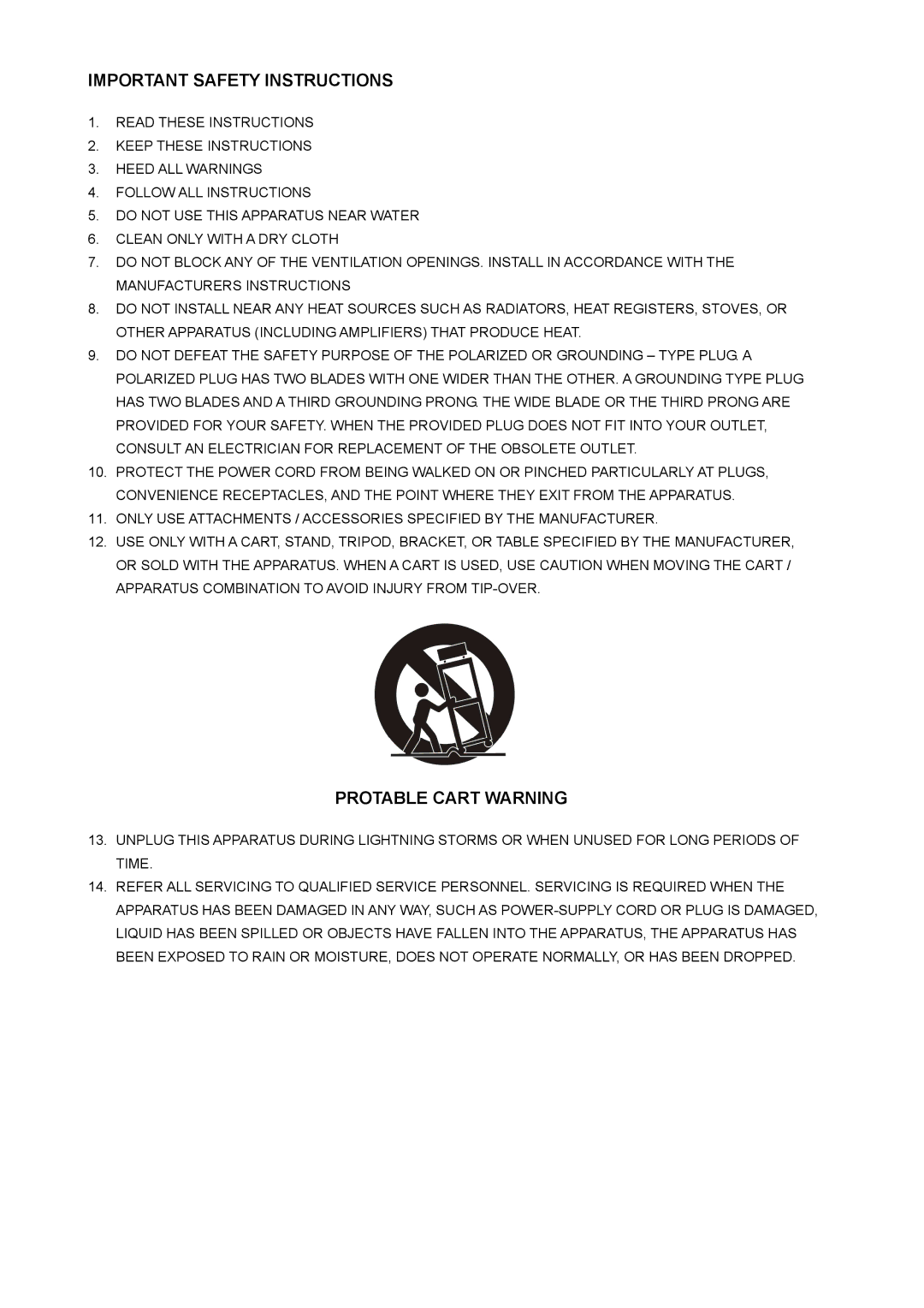 Curtis RCD824 instruction manual Important Safety Instructions, Protable Cart Warning 