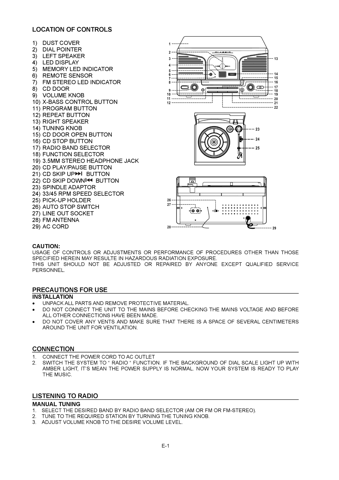 Curtis RCD824 instruction manual Location of Controls, Precautions for USE, Connection, Listening to Radio 