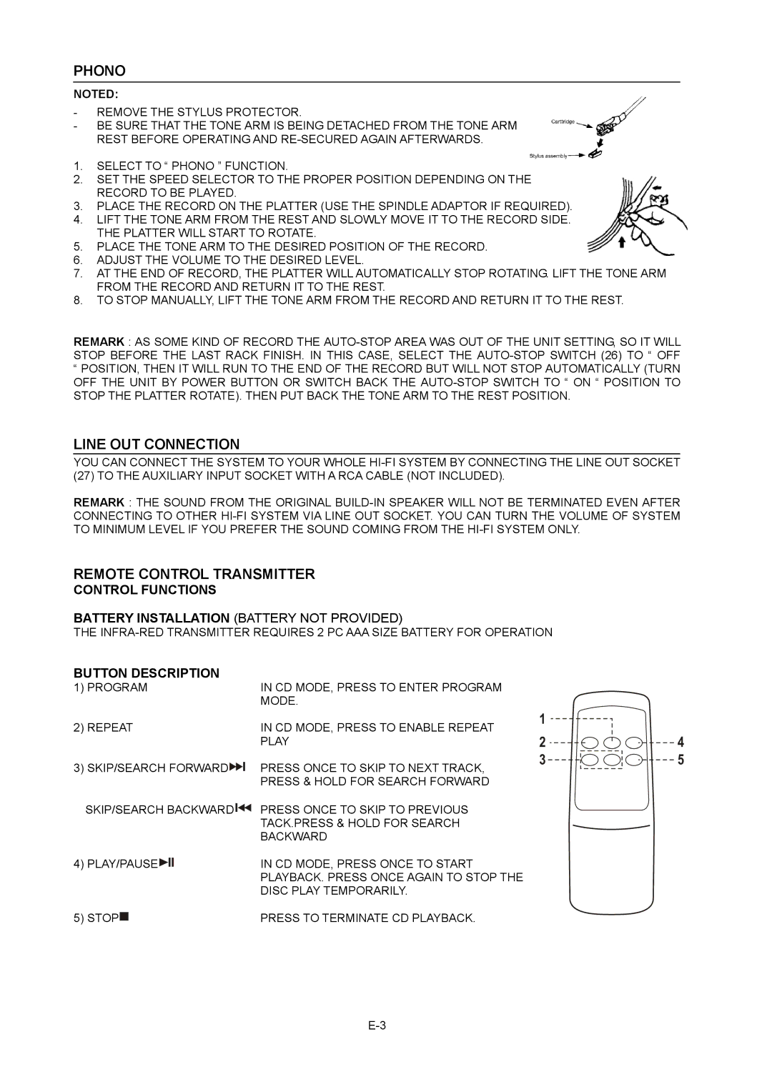 Curtis RCD824 Phono, Line OUT Connection, Remote Control Transmitter, Control Functions, Button Description 