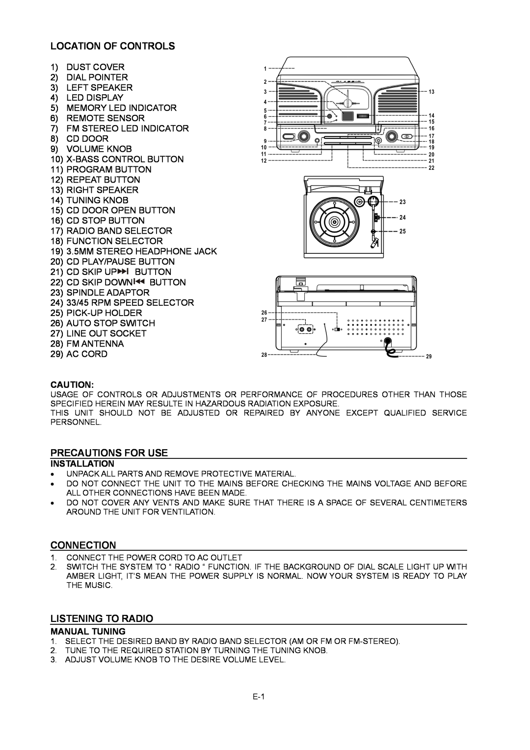 Curtis RCD824 Location Of Controls, Precautions For Use, Connection, Listening To Radio, Installation, Manual Tuning 
