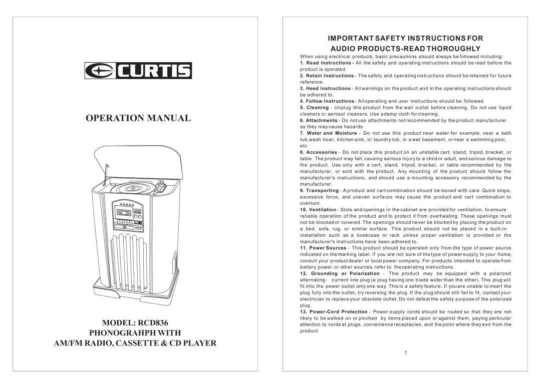 Curtis RCD836 important safety instructions 