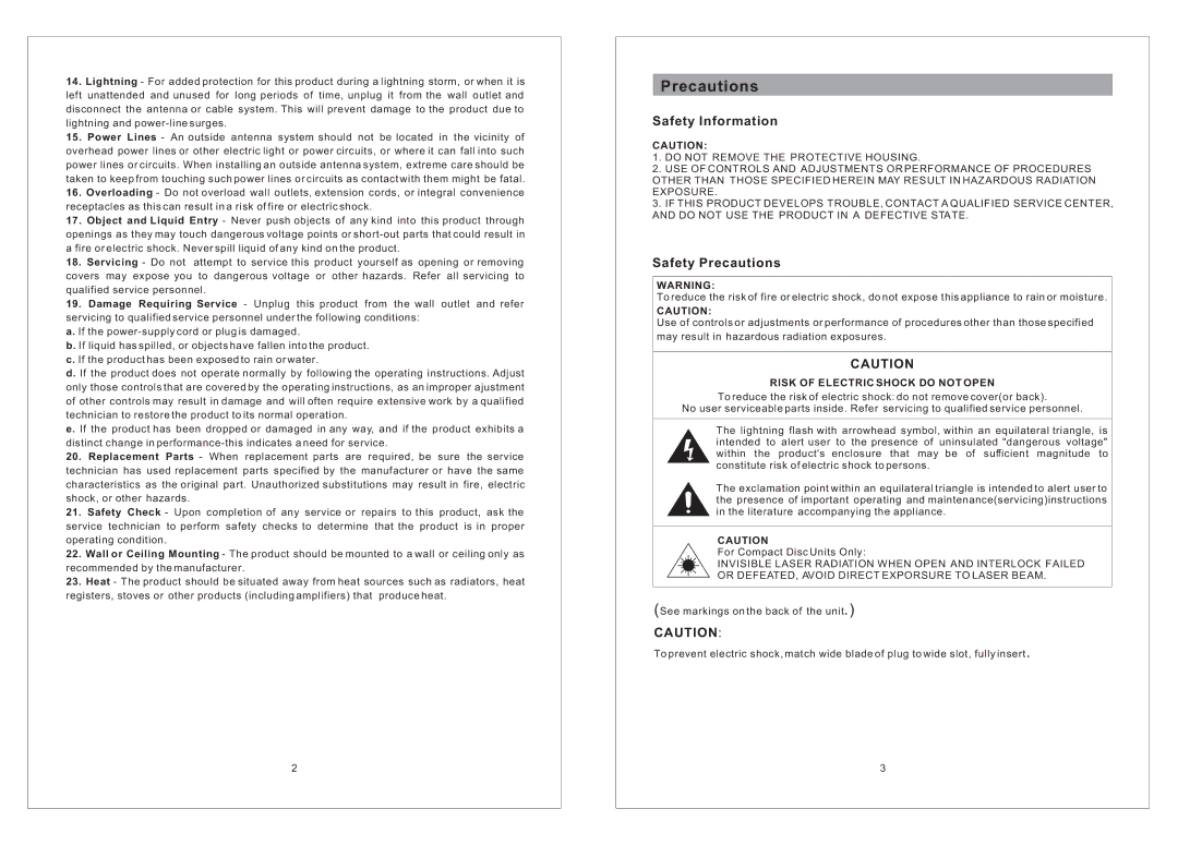 Curtis RCD836 important safety instructions Safety Information, Safety Precautions, Risk of Electric Shock do not Open 