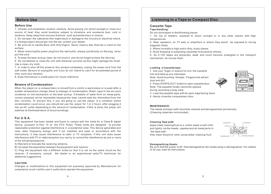 Curtis RCD836 important safety instructions Before Use, Listening to a Tape or Compact Disc 