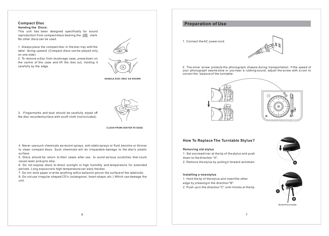 Curtis RCD836 important safety instructions Preparation of Use, Compact Disc, How To Replace The Turntable Stylus? 