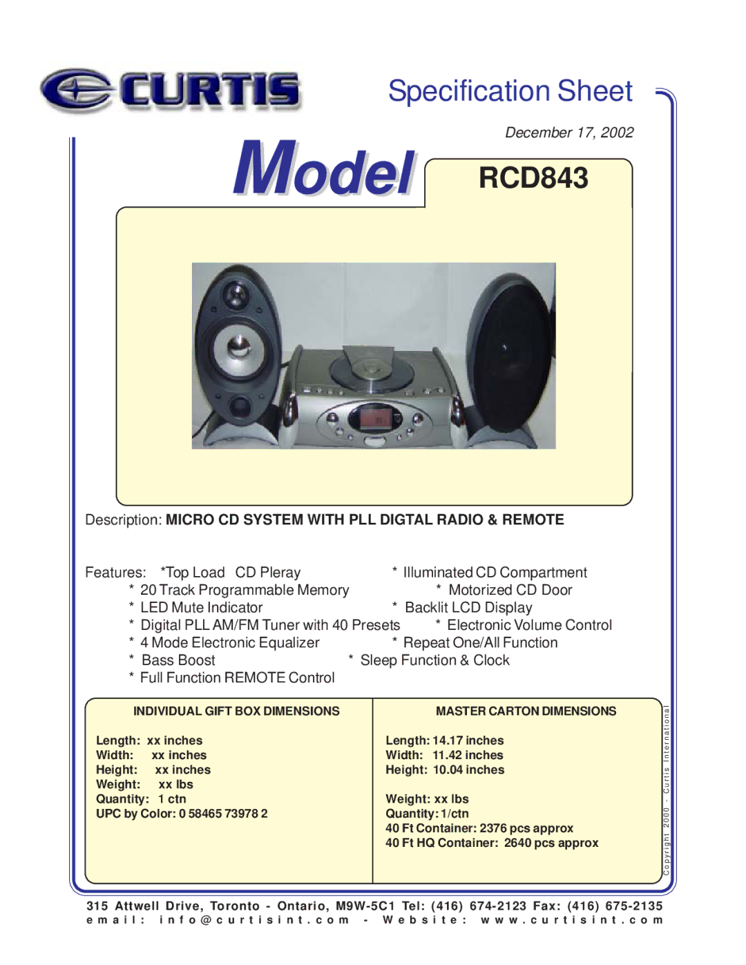 Curtis specifications Model RCD843, Description Micro CD System with PLL Digtal Radio & Remote 