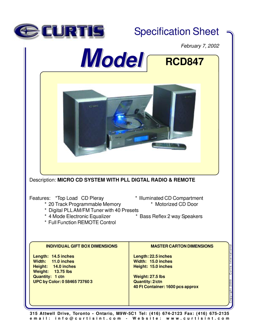 Curtis specifications Model RCD847, Description Micro CD System with PLL Digtal Radio & Remote 