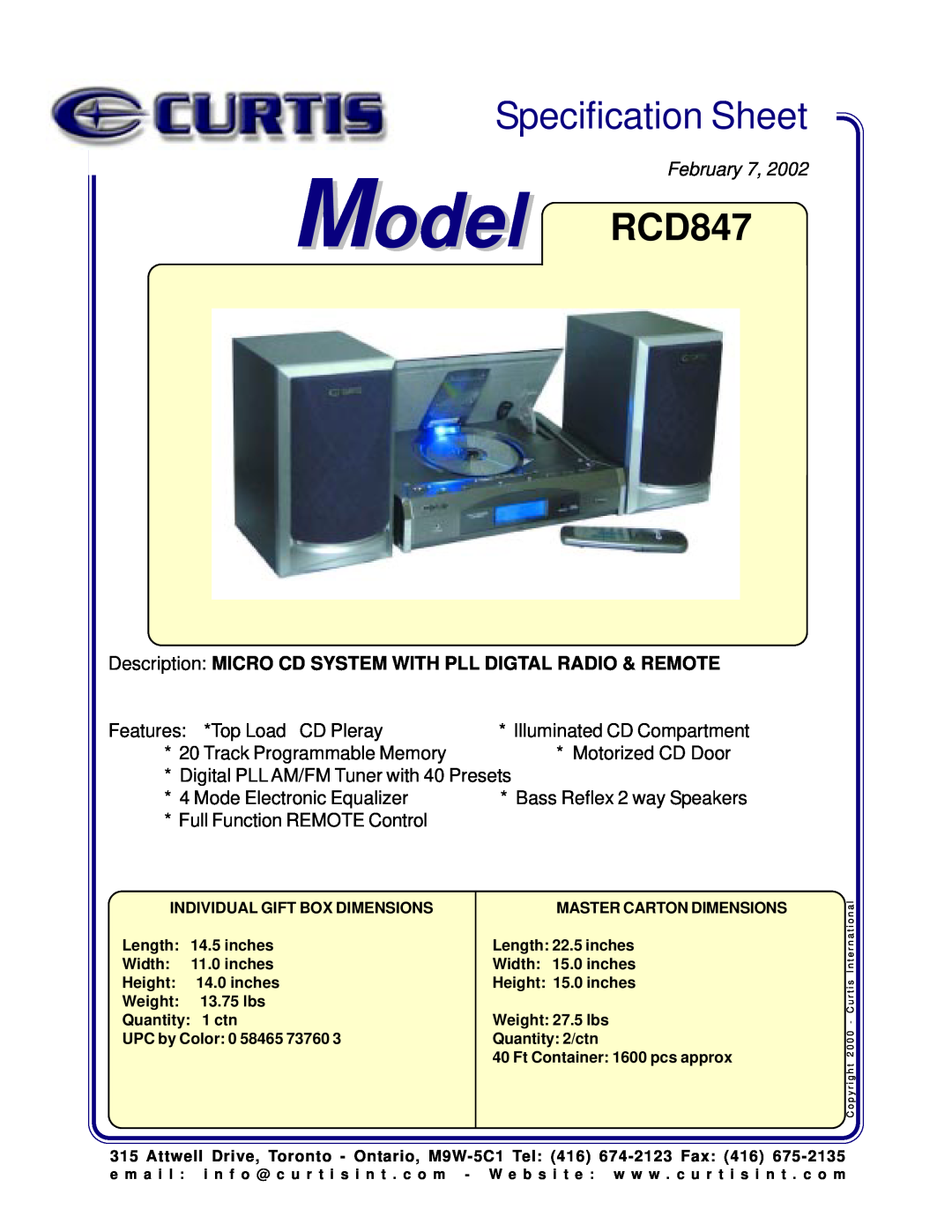 Curtis specifications Specification Sheet, Model RCD847, February, Place Image Here, Features *Top Load CD Pleray 