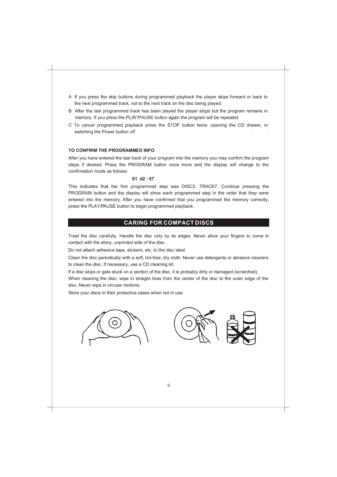 Curtis RCD856 manual Caring for Compact Discs, To Confirm the Programmed Info 