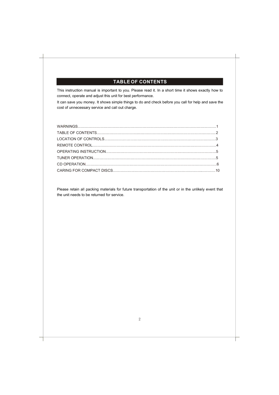 Curtis RCD856 manual Table of Contents 