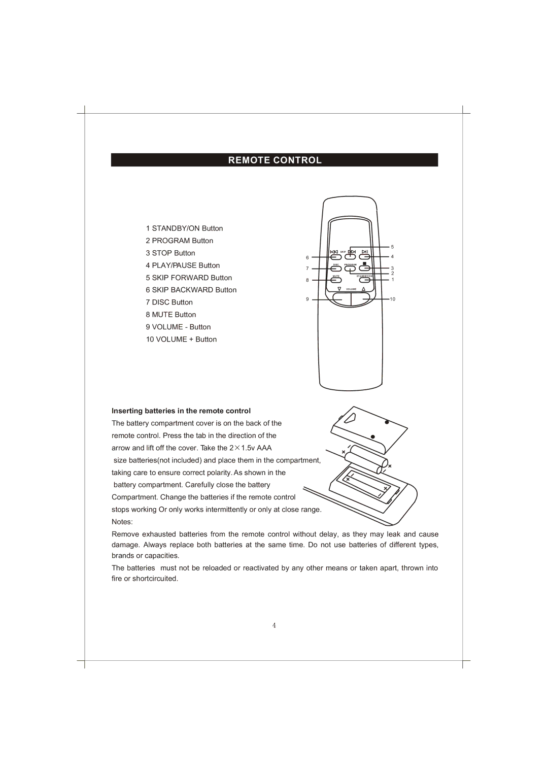 Curtis RCD856 manual Remote Control, Inserting batteries in the remote control 