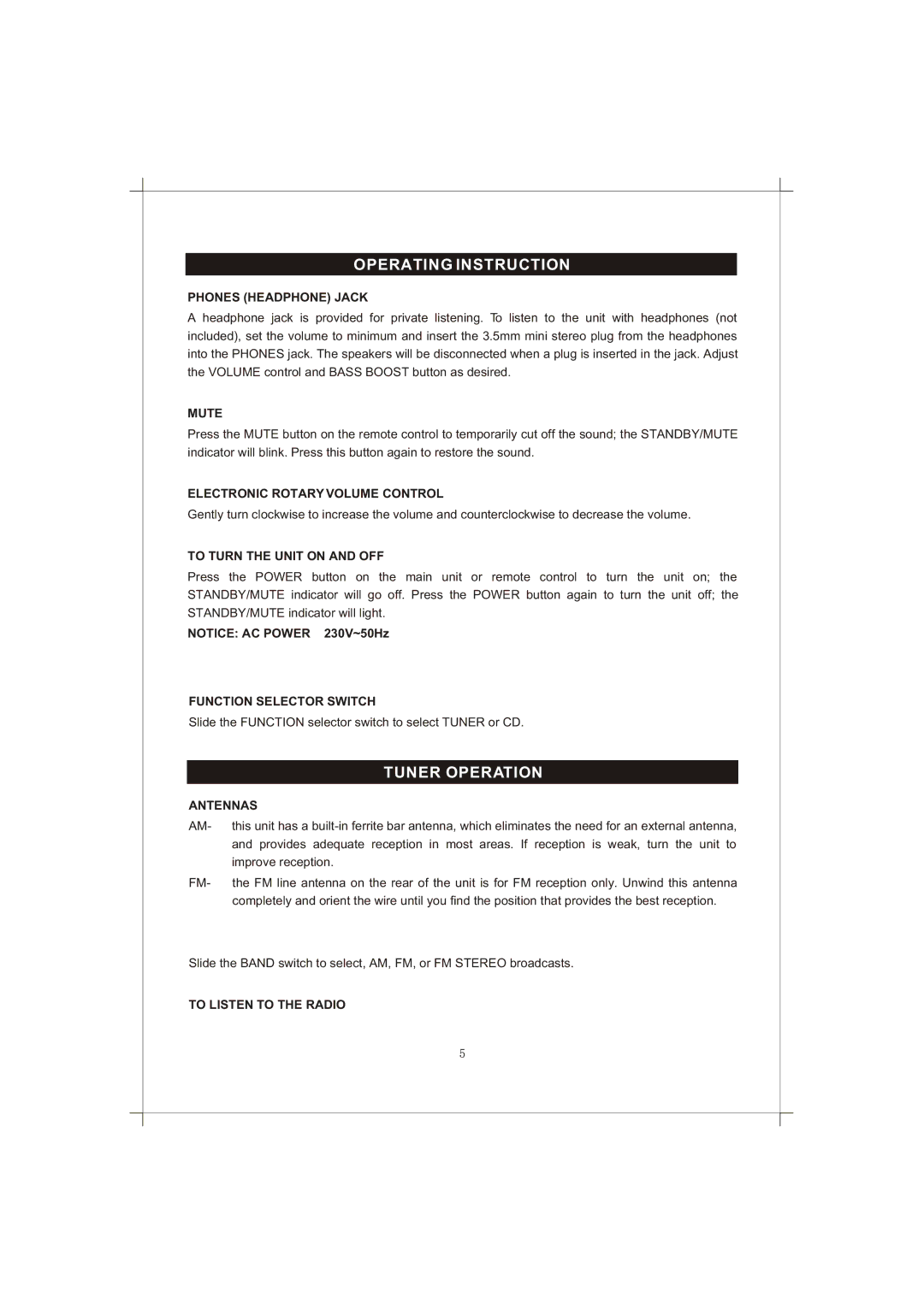 Curtis RCD856 manual Operating Instruction, Tuner Operation 