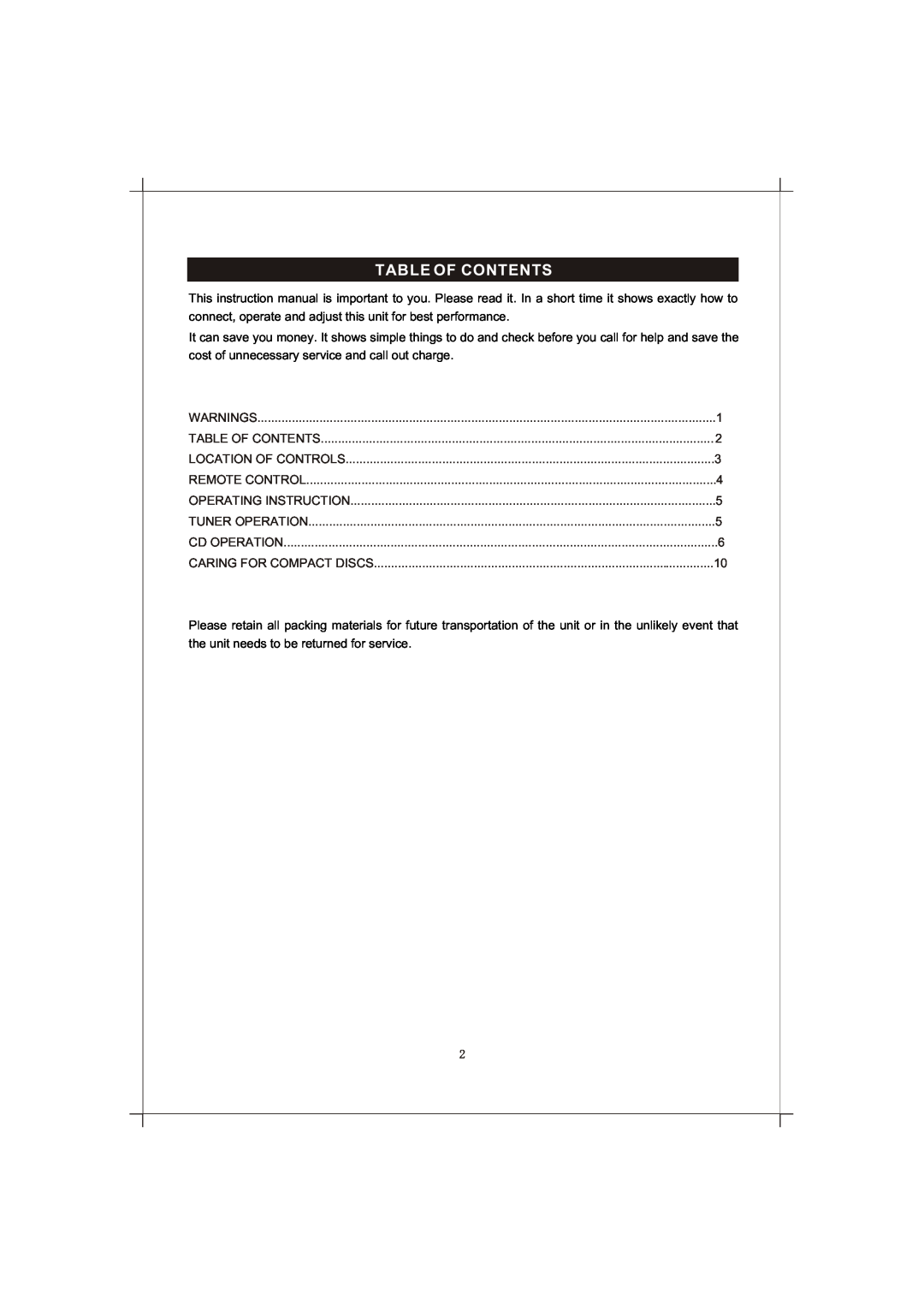 Curtis RCD856 manual Table Of Contents 