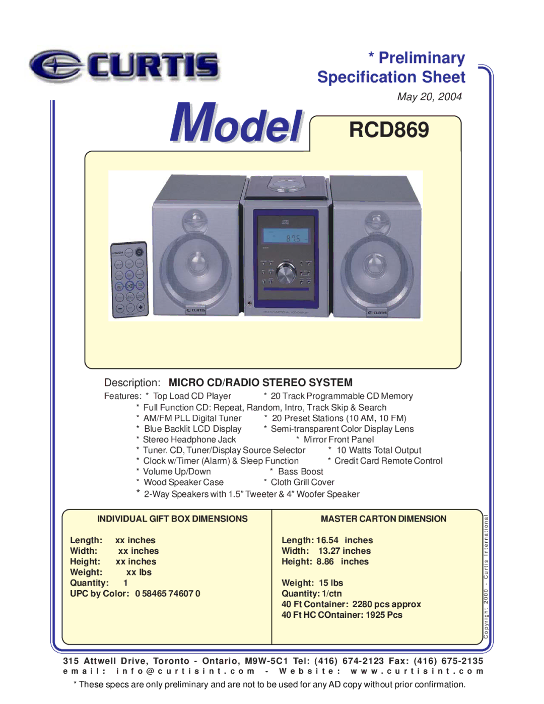 Curtis specifications Model RCD869, Description Micro CD/RADIO Stereo System, Individual Gift BOX Dimensions 