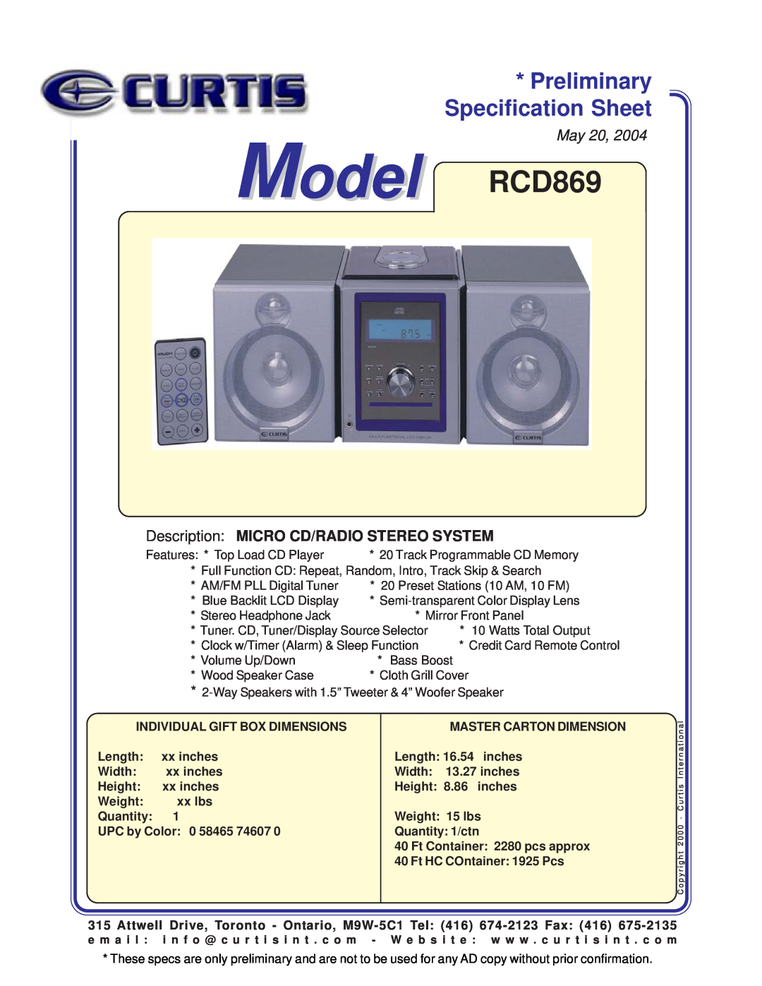 Curtis specifications Specification Sheet, Model RCD869, Preliminary, May, Description MICRO CD/RADIO STEREO SYSTEM 