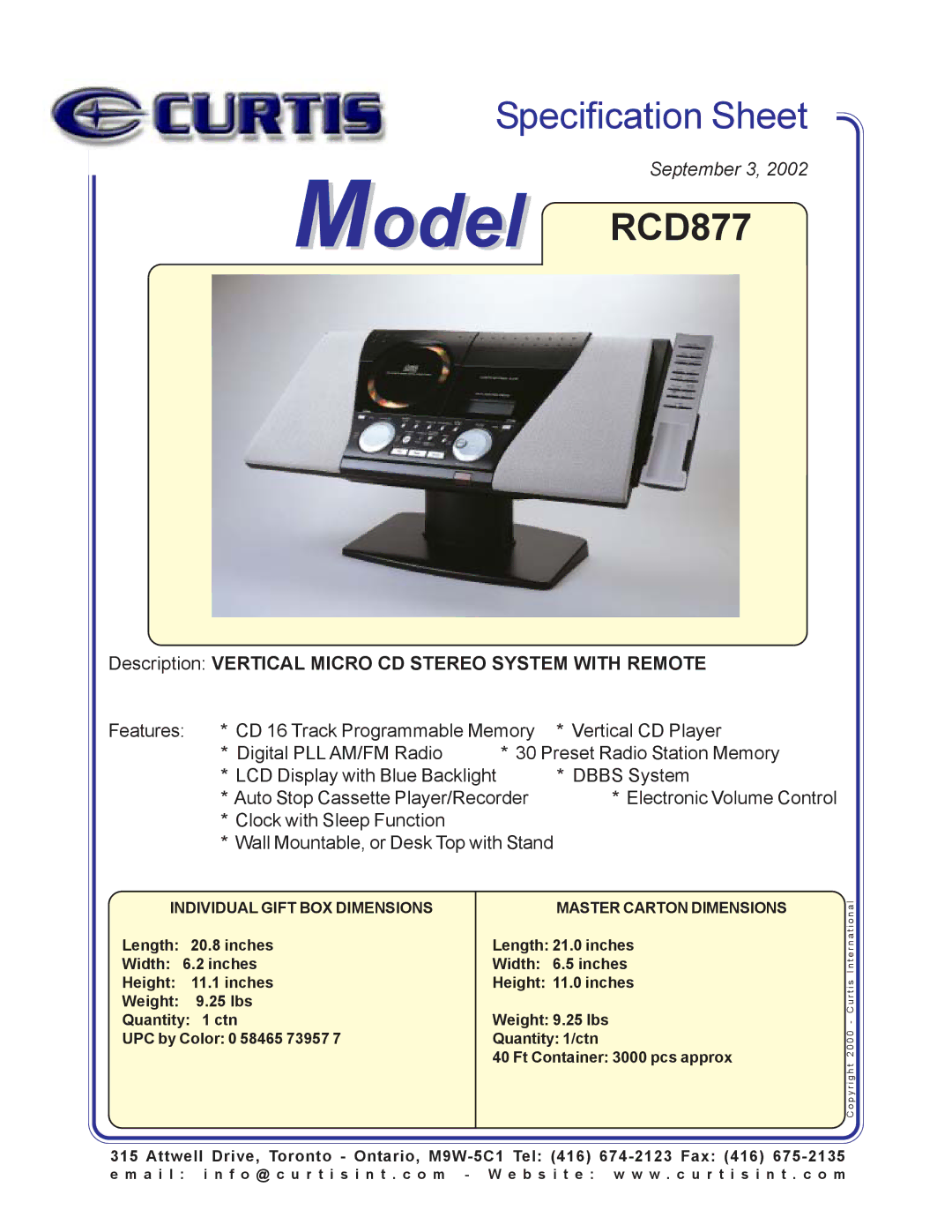 Curtis specifications Model RCD877, Description Vertical Micro CD Stereo System with Remote, Master Carton Dimensions 