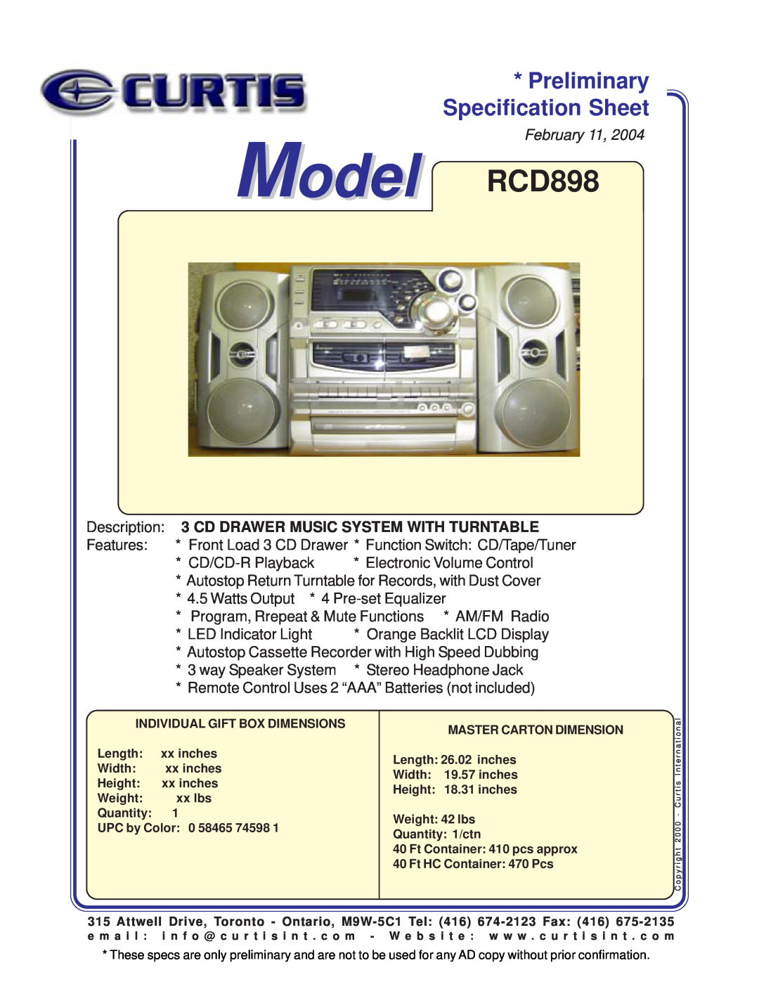 Curtis specifications Specification Sheet, Model RCD898, Preliminary, February 