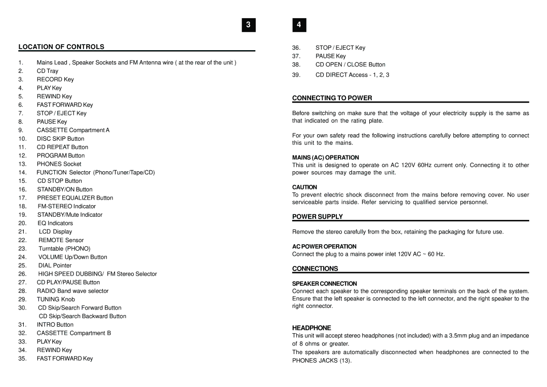 Curtis RCD904 manual Location of Controls, Connecting to Power, Power Supply, Connections, Headphone 