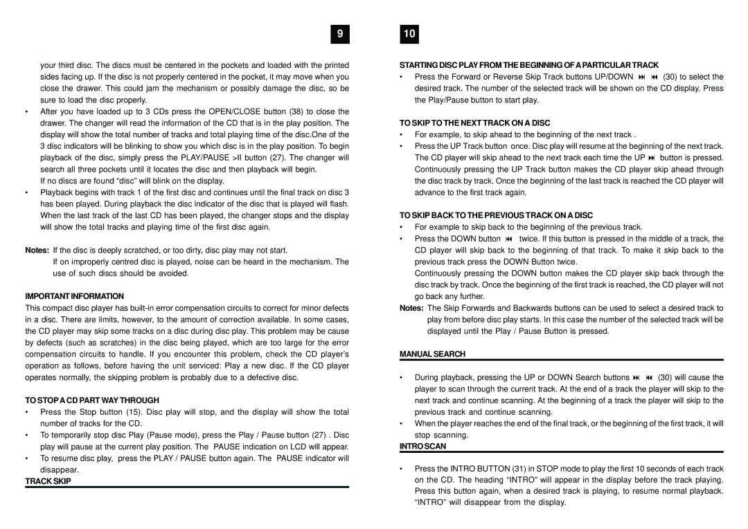 Curtis RCD904 manual Important Information, To Stop a CD Part WAY Through, Track Skip, To Skip to the Next Track on a Disc 